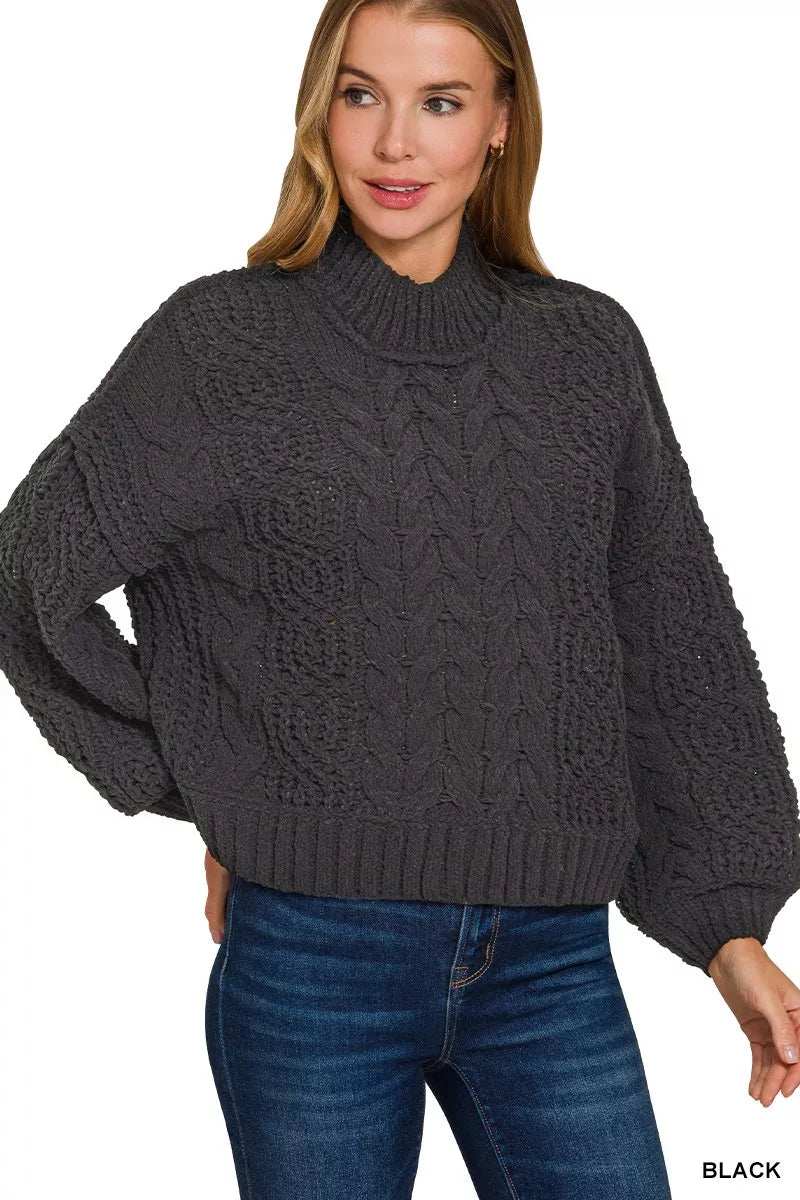 Zenana Cable-Knit Ribbed Turtleneck Sweater - Trendsi - Flyclothing LLC