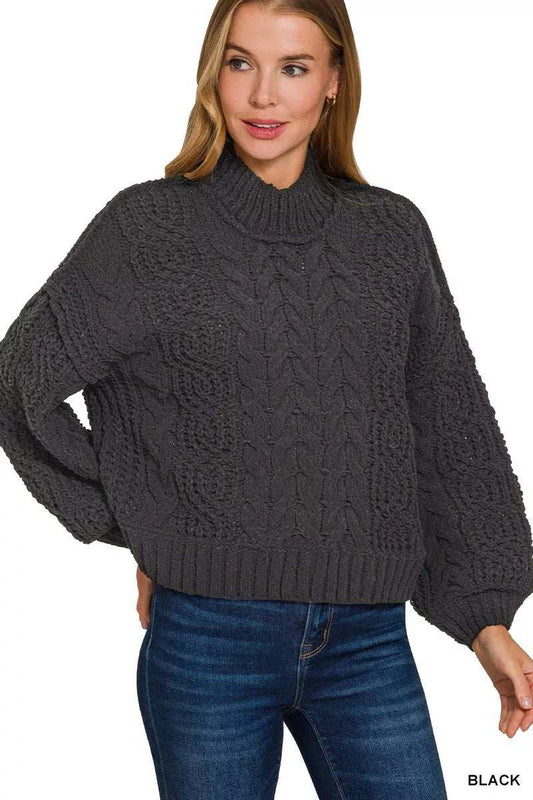 Zenana Cable-Knit Ribbed Turtleneck Sweater - Trendsi - Flyclothing LLC
