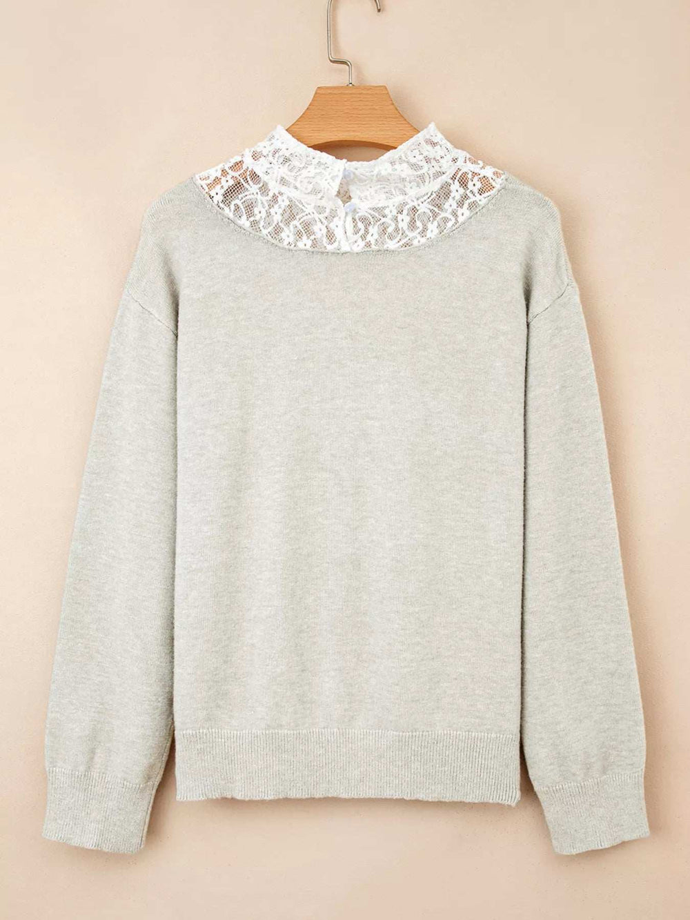 Button Keyhole Lace Patchwork Drop Shoulder Sweater - Trendsi - Flyclothing LLC