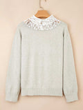 Button Keyhole Lace Patchwork Drop Shoulder Sweater - Trendsi - Flyclothing LLC