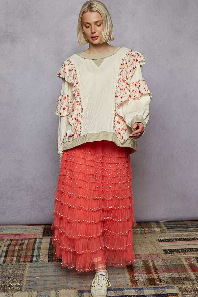 POL Round Neck Sweater with Floral Ruffle Detail - Trendsi - Flyclothing LLC