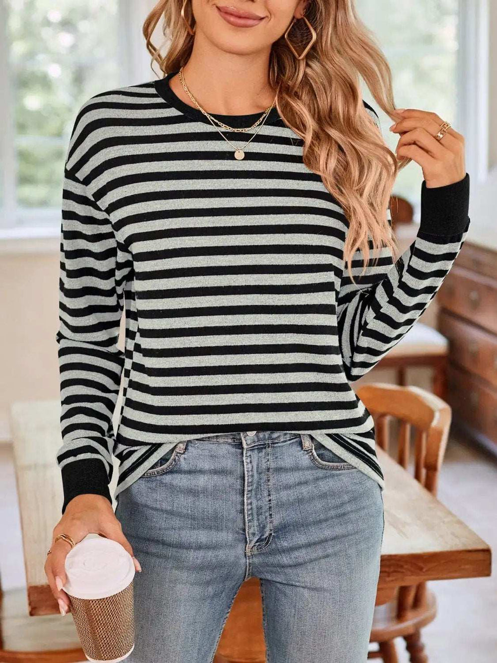 Striped Round Neck Long Sleeve T-Shirt - Trendsi - Flyclothing LLC