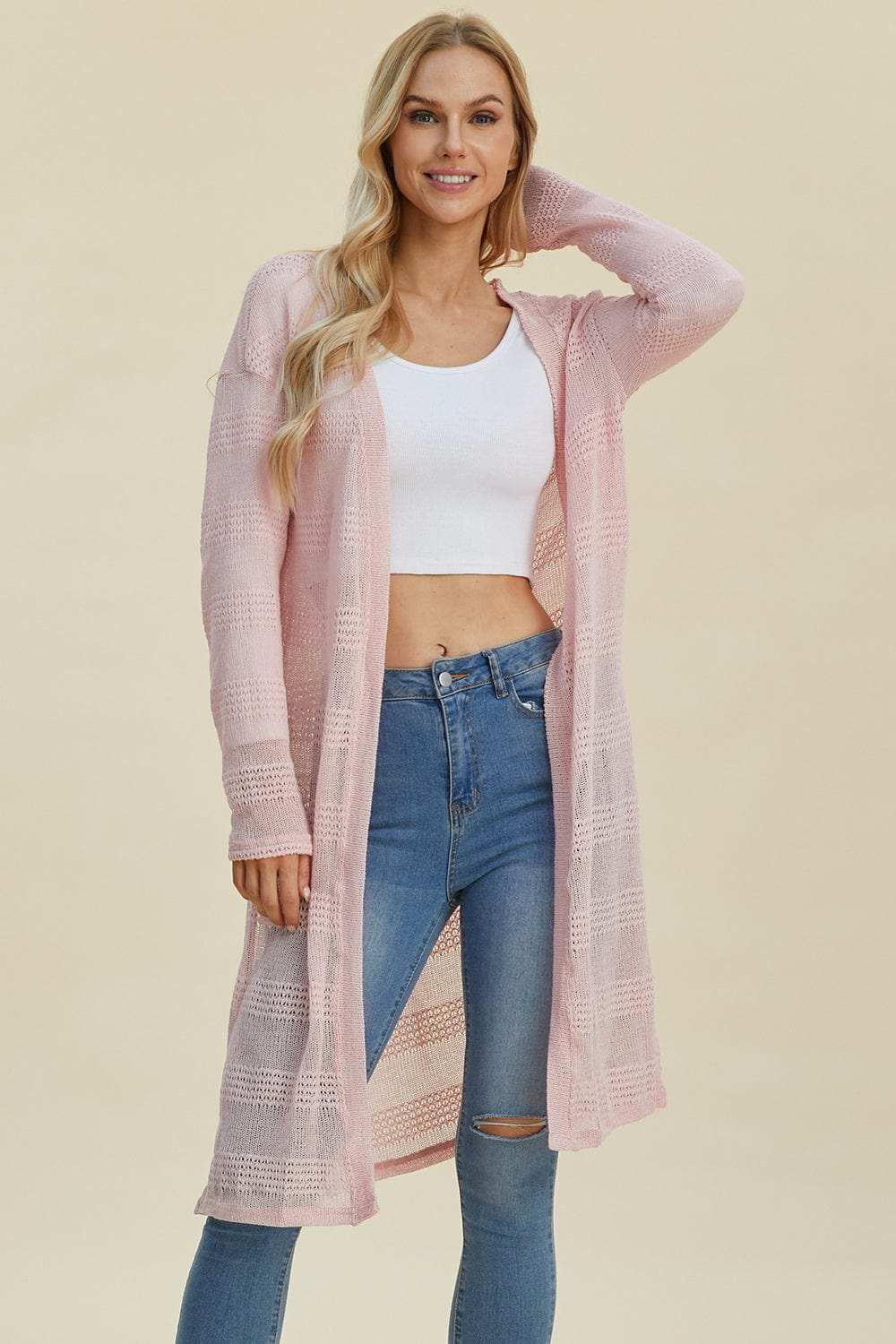 Double Take Full Size Open Front Longline Cardigan - Trendsi - Flyclothing LLC
