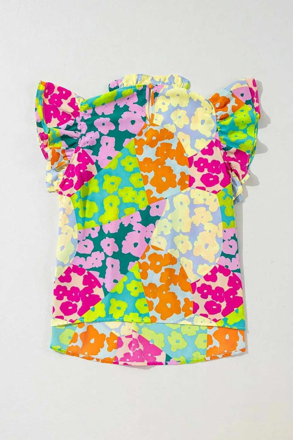 Ruffled Printed Mock Neck Cap Sleeve Blouse - Trendsi - Flyclothing LLC