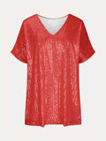 Full Size Sequin V-Neck Short Sleeve Top - Trendsi - Flyclothing LLC