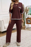 Devine Contrast Trim Half Sleeve Top and Pants Set - Trendsi - Flyclothing LLC