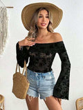 Off-Shoulder Flare Sleeve Lace Top - Trendsi - Flyclothing LLC