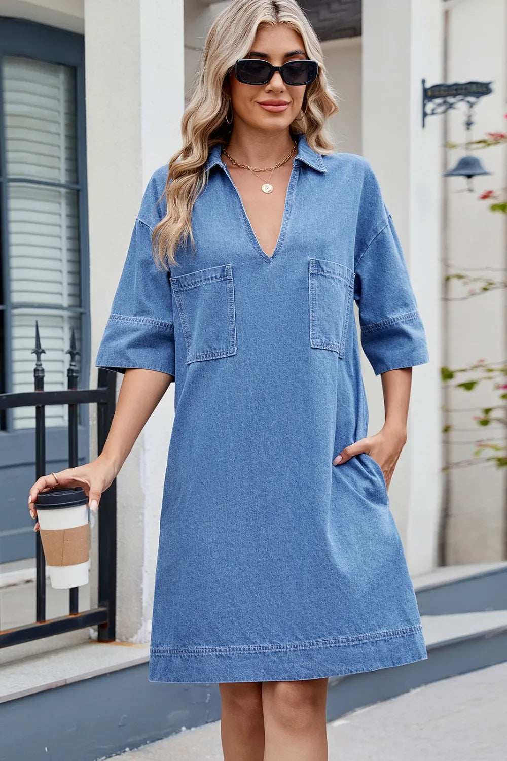 Johnny Collar Half Sleeve Denim Dress - Trendsi - Flyclothing LLC