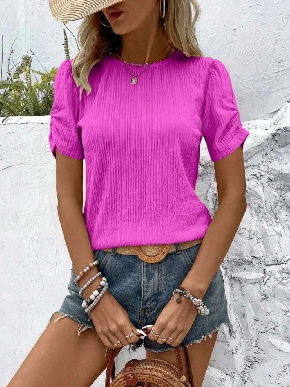 Ruched Round Neck Short Sleeve Top - Trendsi - Flyclothing LLC