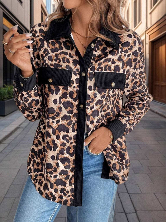 Leopard Collared Neck Button Up Shacket - Trendsi - Flyclothing LLC