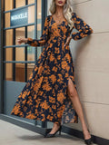 Split Printed Surplice Long Sleeve Midi Dress - Trendsi - Flyclothing LLC