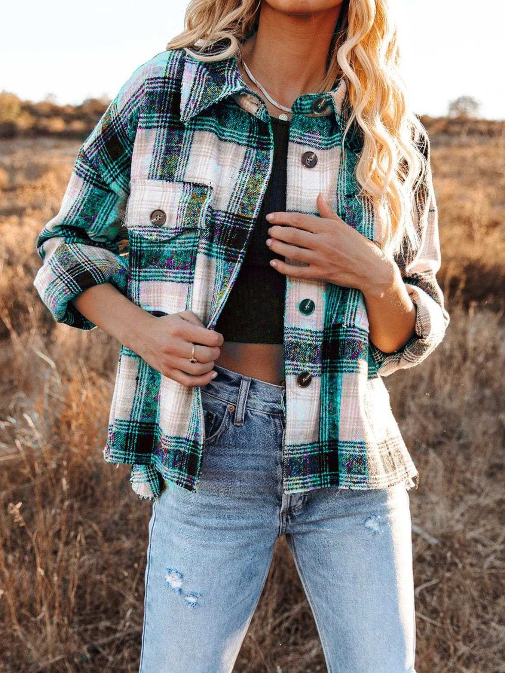 Pocketed Plaid Button Down Long Sleeve Shacket - Trendsi - Flyclothing LLC