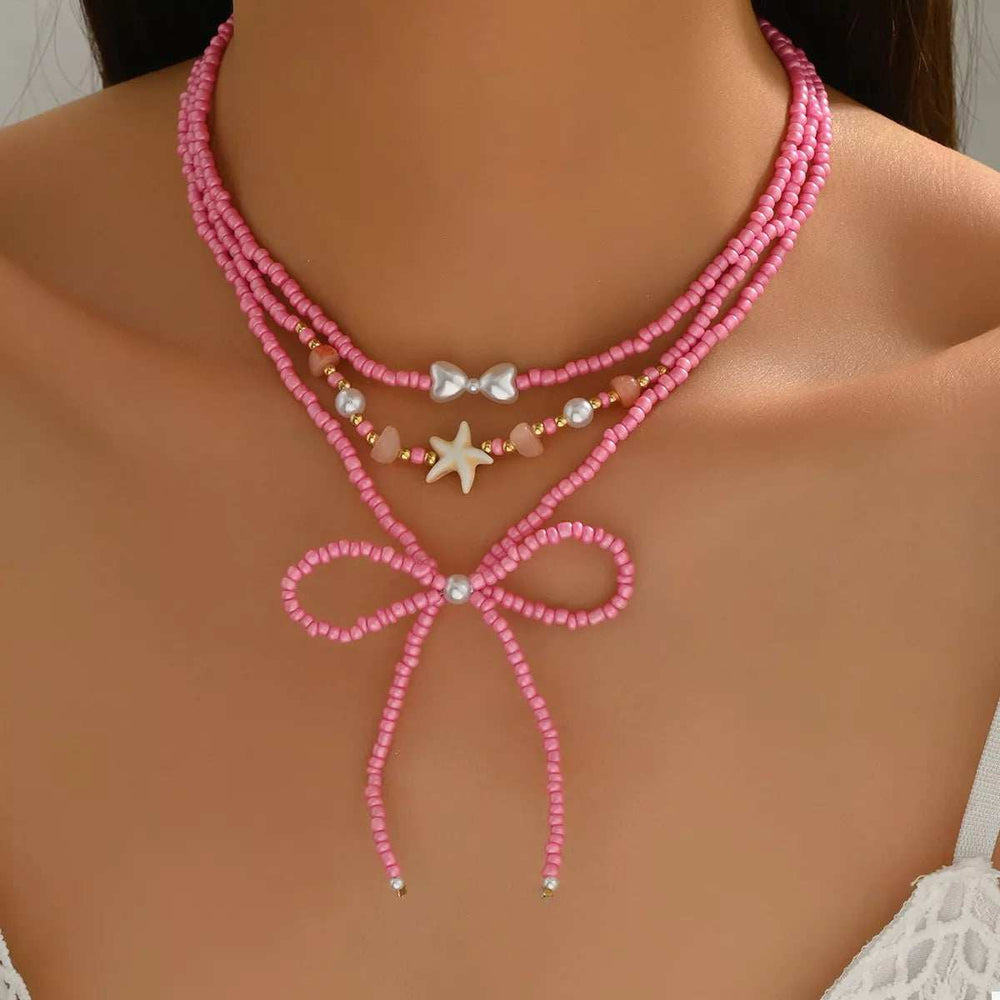 Beaded Three-Layered Necklace with Bow and Starfish Charms - Trendsi - Flyclothing LLC