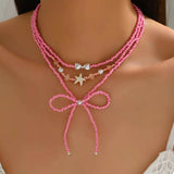 Beaded Three-Layered Necklace with Bow and Starfish Charms - Trendsi - Flyclothing LLC