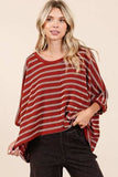 Mittoshop Texture Striped Print Round Neck Dolman Sleeve Top - Trendsi - Flyclothing LLC