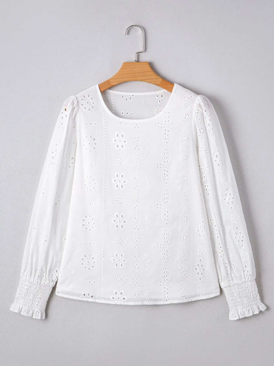 Eyelet Long Sleeve Blouse with Elastic Cuffs - Trendsi - Flyclothing LLC
