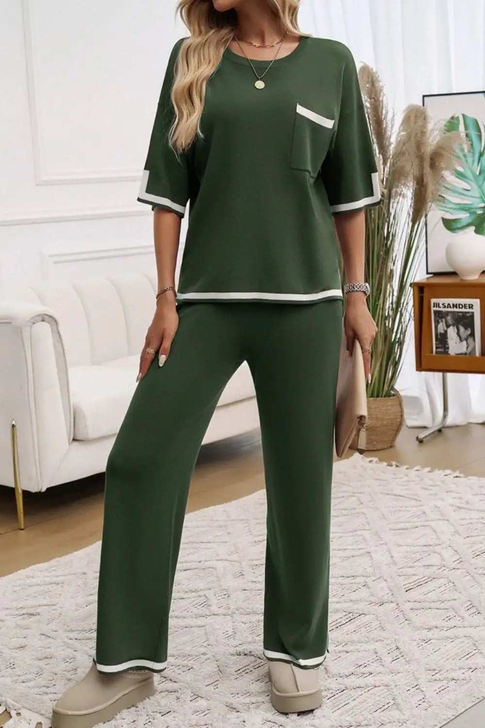 Devine Contrast Trim Half Sleeve Top and Pants Set - Trendsi - Flyclothing LLC