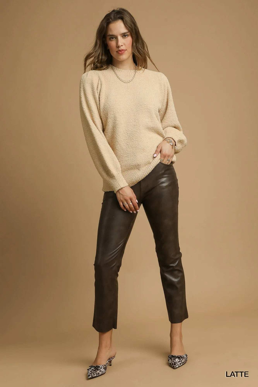 Umgee Textured Long Sleeve Sweater with Ribbed Trim - Trendsi - Flyclothing LLC