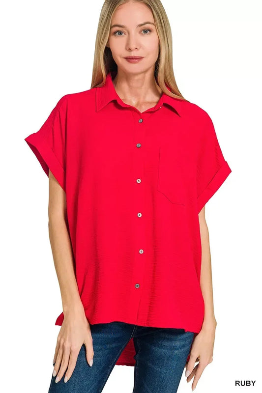 Zenana Woven Airflow Button Down Shirt - Trendsi - Flyclothing LLC