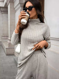 Ribbed Turtleneck Dropped Shoulder Top and Pants Sweater Set - Trendsi - Flyclothing LLC