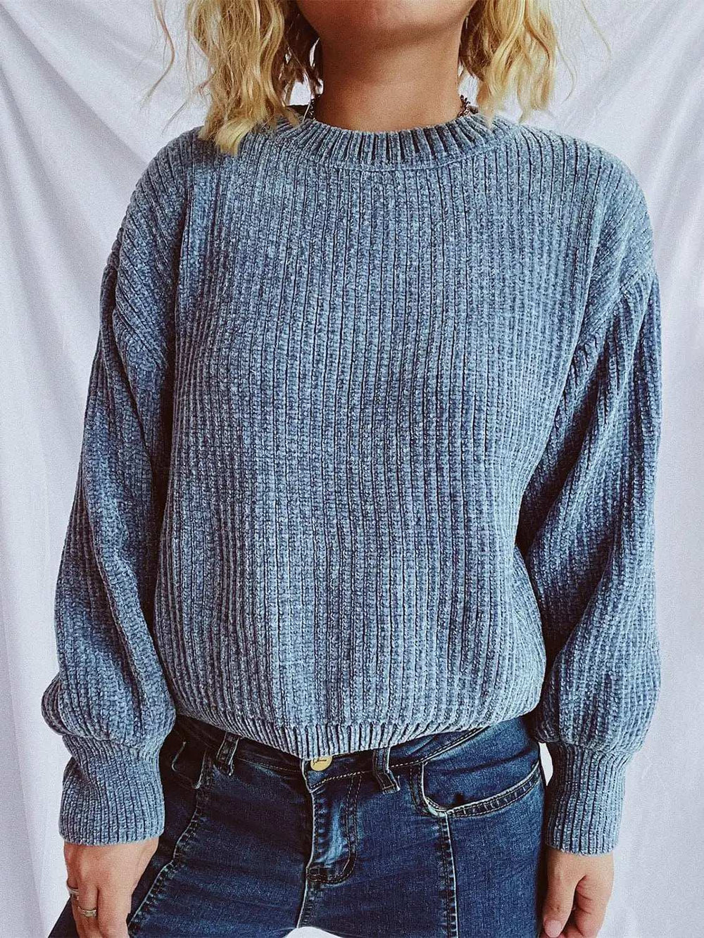 Round Neck Dropped Shoulder Long Sleeve Sweater - Trendsi - Flyclothing LLC