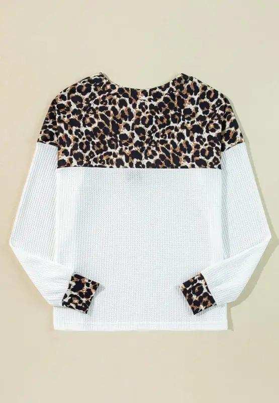 Waffle-Knit Leopard V-Neck Long Sleeve Blouse - Trendsi - Flyclothing LLC