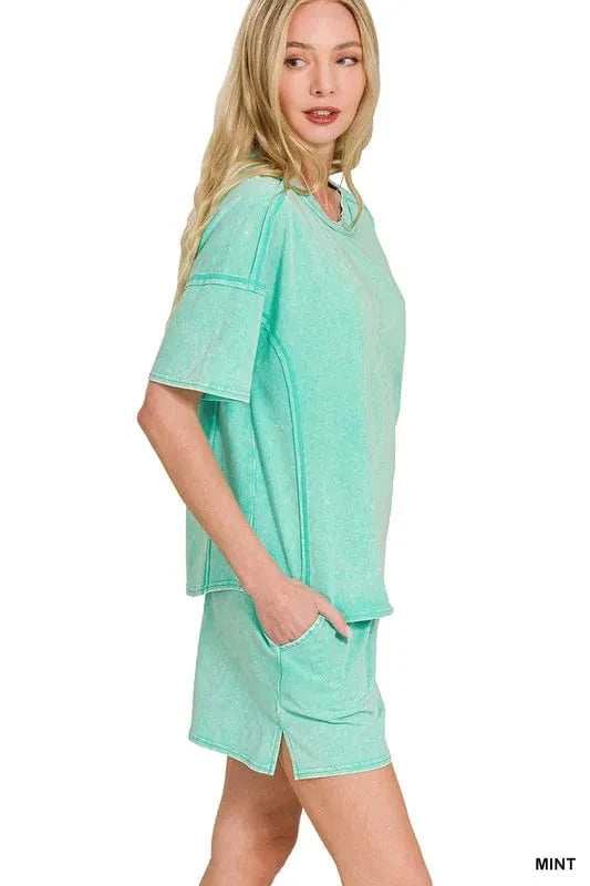 Zenana Acid Washed Short Sleeve Tee & Shorts Set - Trendsi - Flyclothing LLC
