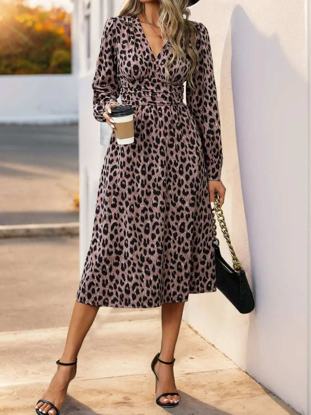 Perfee Leopard Surplice Long Sleeve Midi Dress - Trendsi - Flyclothing LLC