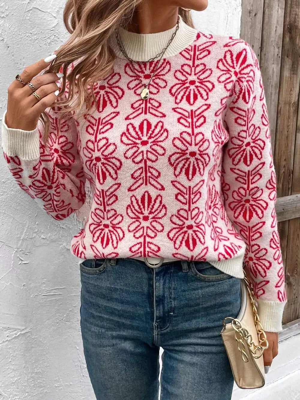 Flower Round Neck Long Sleeve Sweater - Trendsi - Flyclothing LLC
