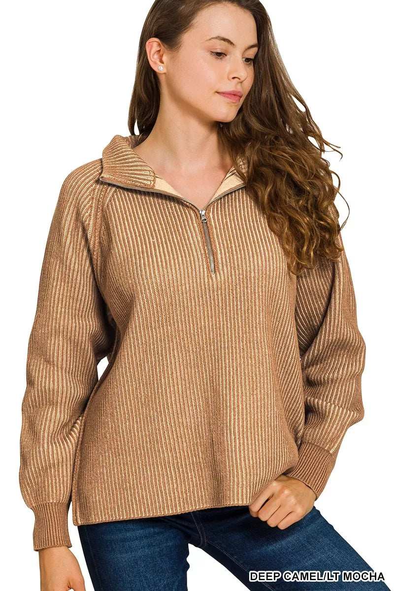 Zenana Ribbed Two Tone Half Zip Sweater - Trendsi - Flyclothing LLC