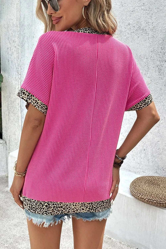 V-Neck Leopard Trim Ribbed Blouse - Trendsi - Flyclothing LLC