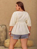 Plus Size Peplum V-Neck Half Sleeve Blouse - Trendsi - Flyclothing LLC