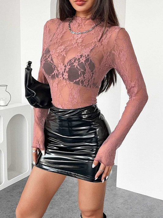 Mock Neck Long Sleeve Sheer Lace Top - Trendsi - Flyclothing LLC