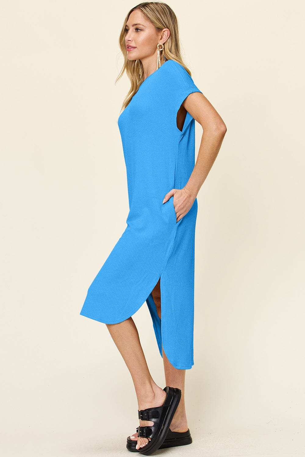Double Take Full Size Round Neck Short Sleeve Slit Dress - Trendsi - Flyclothing LLC