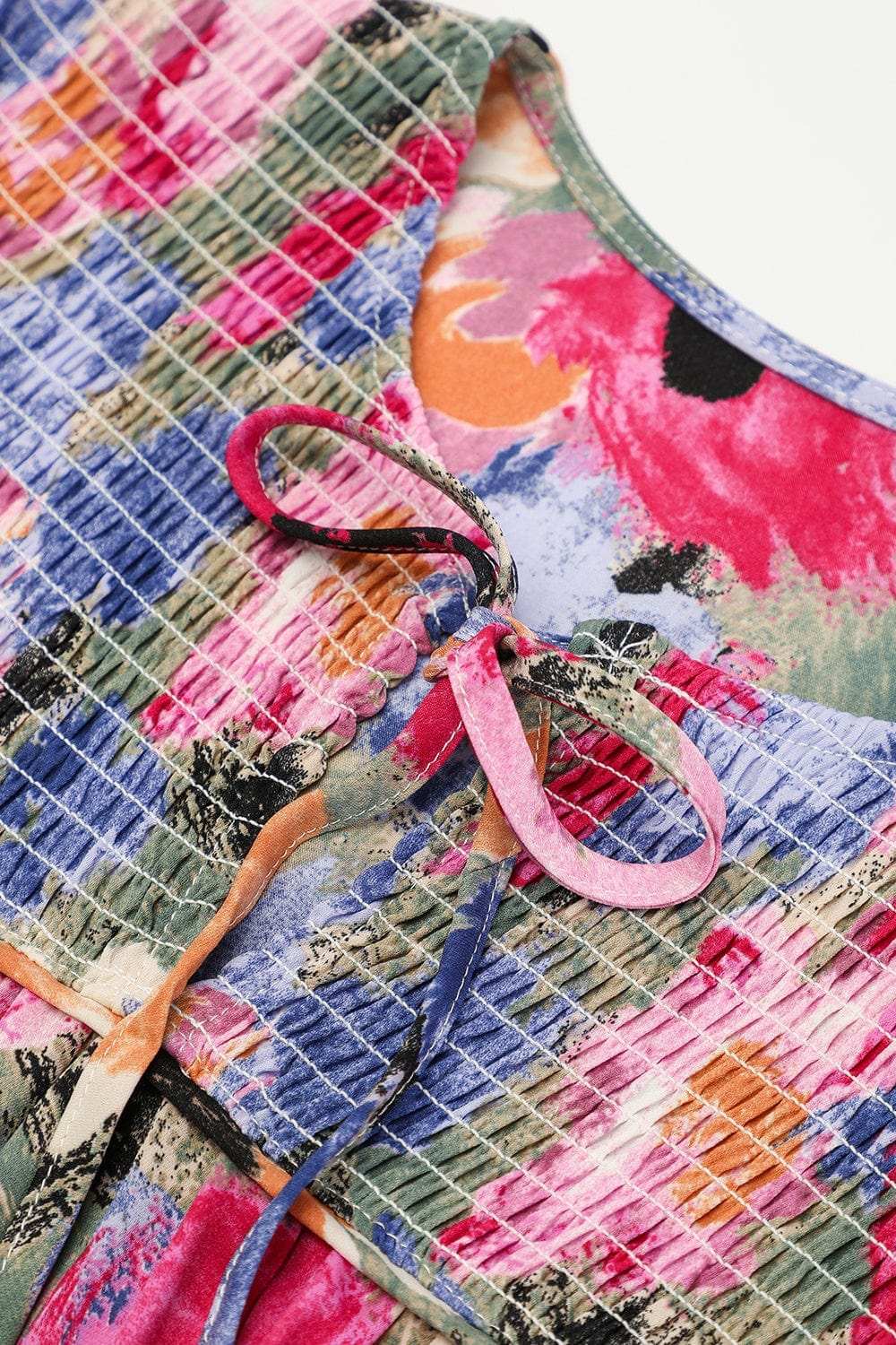 Printed Tie Neck Long Sleeve Mini Dress - Trendsi - Flyclothing LLC