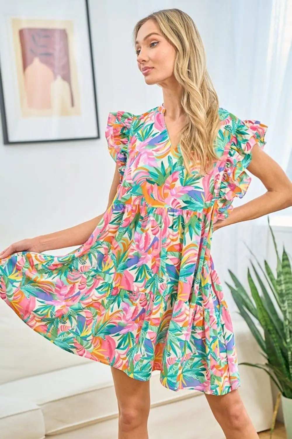 First Love Ruffled Printed Notched Cap Sleeve Dress - Trendsi - Flyclothing LLC