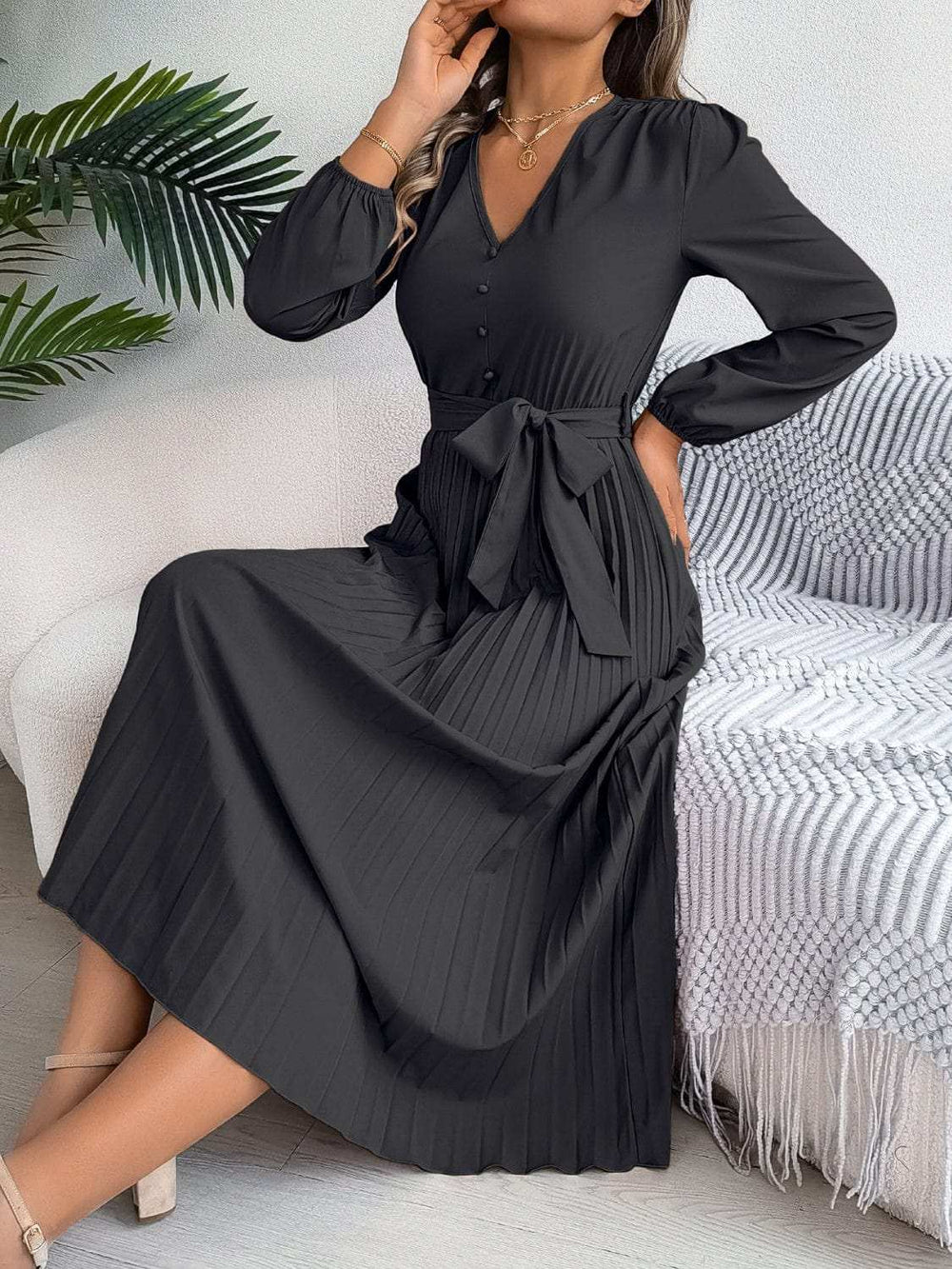 Pleated Tied V-Neck Long Sleeve Dress - Trendsi - Flyclothing LLC