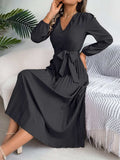 Pleated Tied V-Neck Long Sleeve Dress - Trendsi - Flyclothing LLC