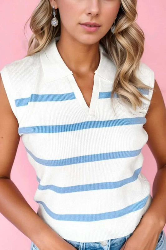 Stripe Split V Neck Collared Ribbed Sweater Vest - Trendsi - Flyclothing LLC