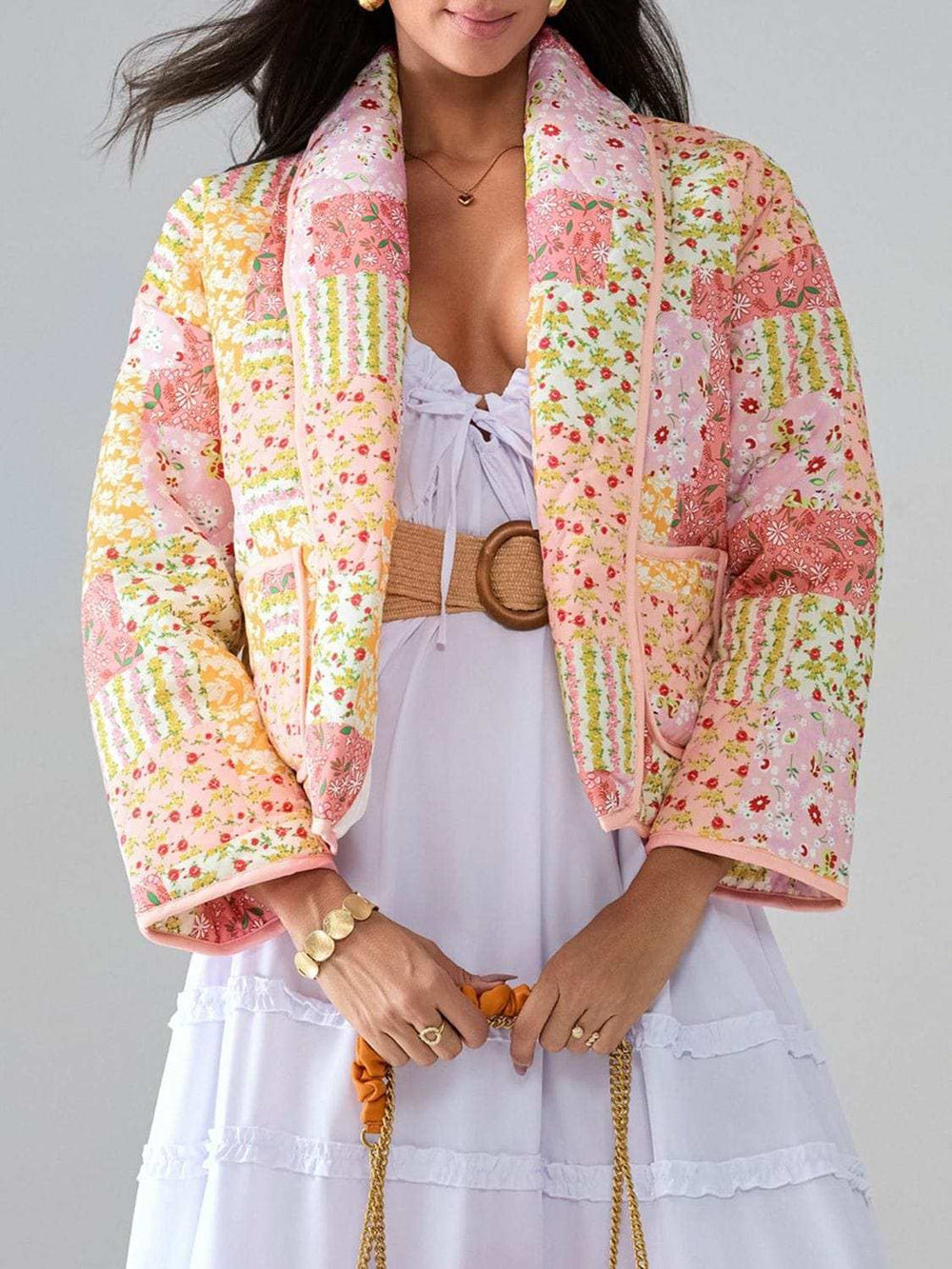 Printed Patchwork Open Front Cardigan with Pockets - Trendsi - Flyclothing LLC