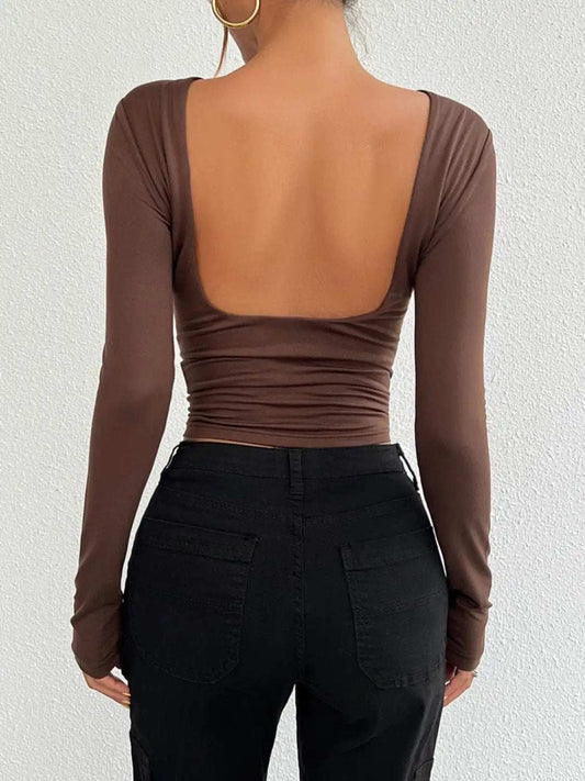 Backless Round Neck Long Sleeve T-Shirt - Trendsi - Flyclothing LLC