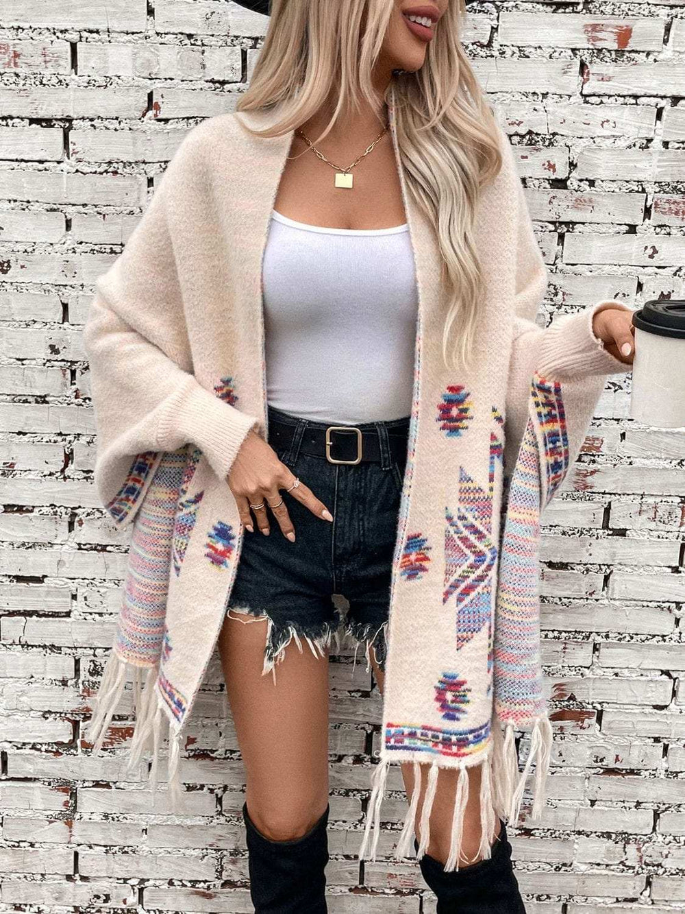 Fringe Geometric Open Front Long Sleeve Cape - Trendsi - Flyclothing LLC