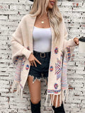 Fringe Geometric Open Front Long Sleeve Cape - Trendsi - Flyclothing LLC