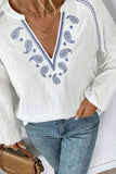 Embroidered Notched Long Sleeve Blouse - Trendsi - Flyclothing LLC