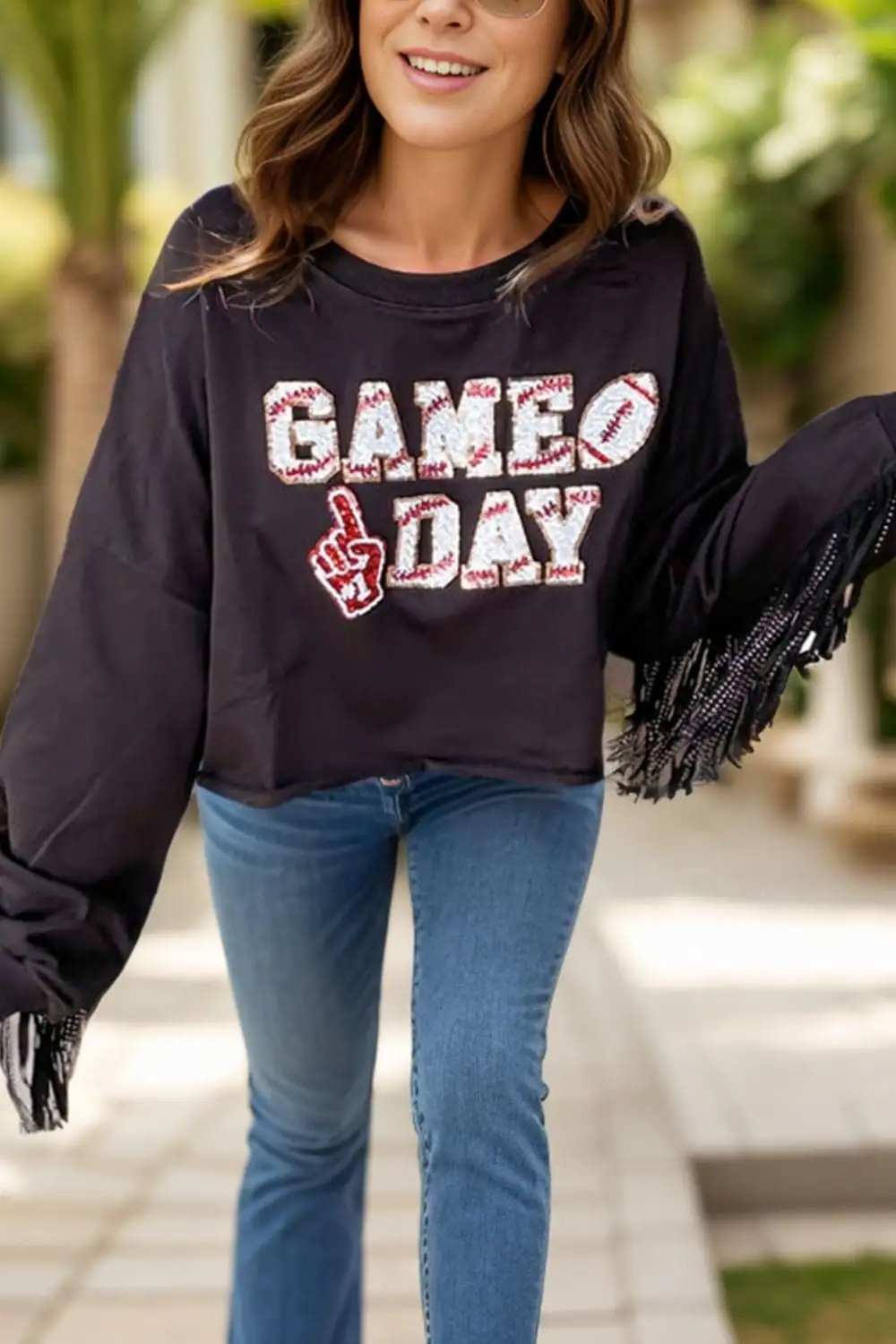 GAME DAY Fringe Long Sleeve Sweatshirt - Trendsi - Flyclothing LLC