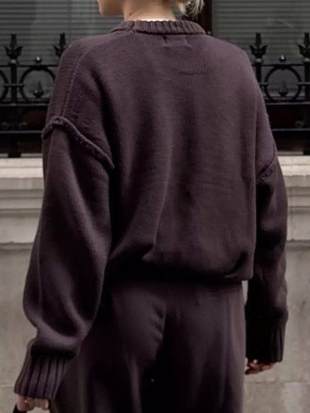 Round Neck Dropped Shoulder Sweater - Trendsi - Flyclothing LLC