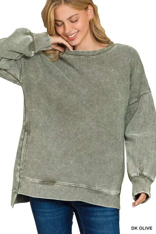 Zenana Full Size Acid Washed Double Ribbed Hi-low Sweatshirt Plus Size - Trendsi - Flyclothing LLC