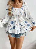 Smocked Floral Scoop Neck Flounce Sleeve Blouse - Trendsi - Flyclothing LLC