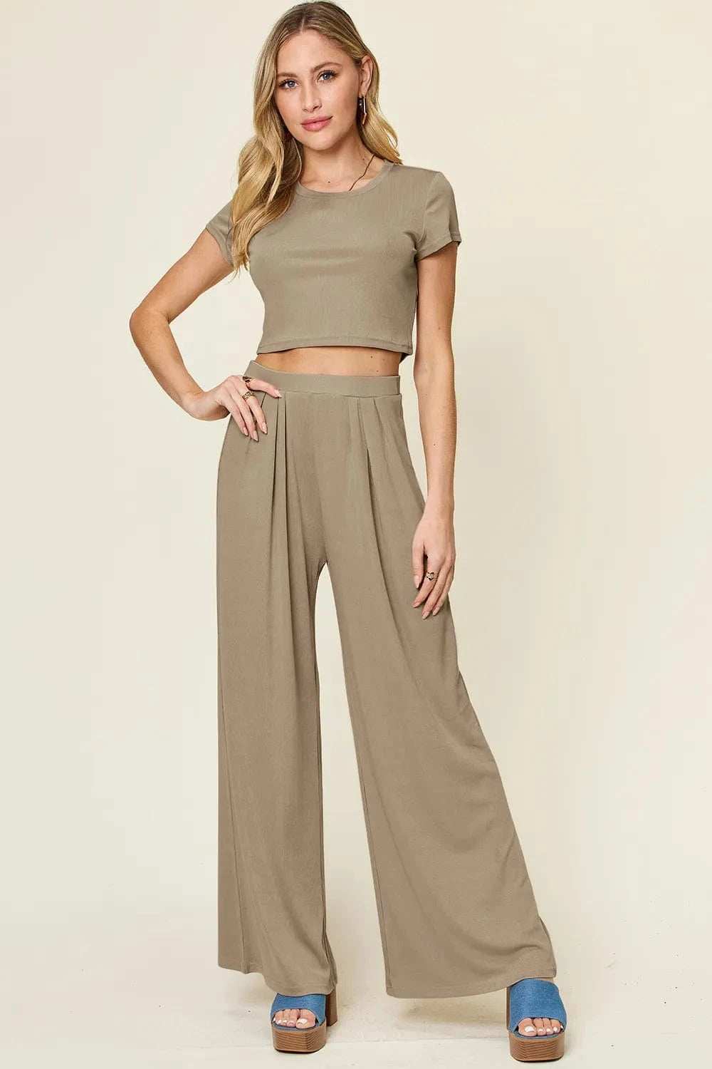 Double Take Full Size Round Neck Top and Pants Set - Trendsi - Flyclothing LLC