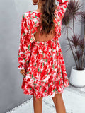 Backless Printed V-Neck Flounce Sleeve Dress - Trendsi - Flyclothing LLC
